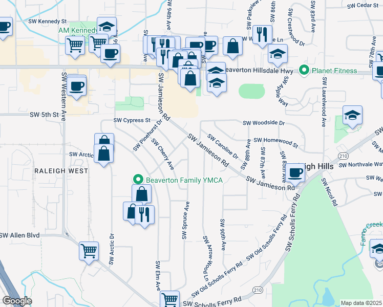 map of restaurants, bars, coffee shops, grocery stores, and more near 5350 Southwest Spruce Avenue in Beaverton
