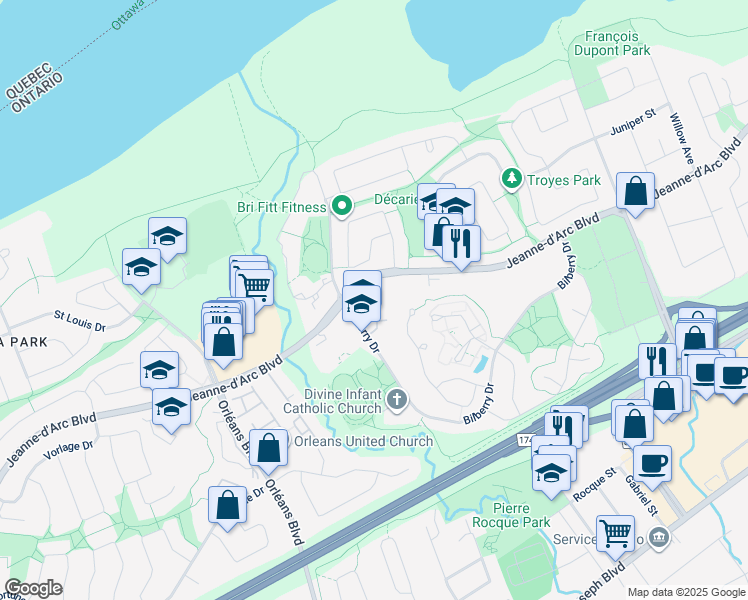 map of restaurants, bars, coffee shops, grocery stores, and more near 6730 Jeanne d'Arc Boulevard North in Ottawa
