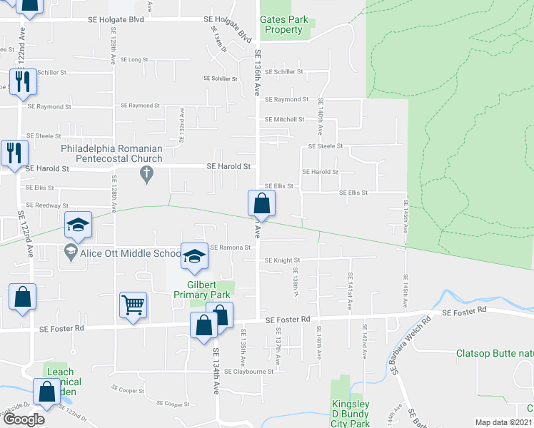 map of restaurants, bars, coffee shops, grocery stores, and more near 13624 Southeast Reedway Street in Portland