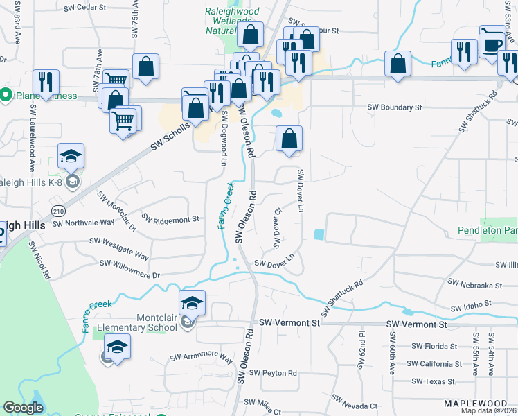 map of restaurants, bars, coffee shops, grocery stores, and more near 6760 Southwest Amber Lane in Portland