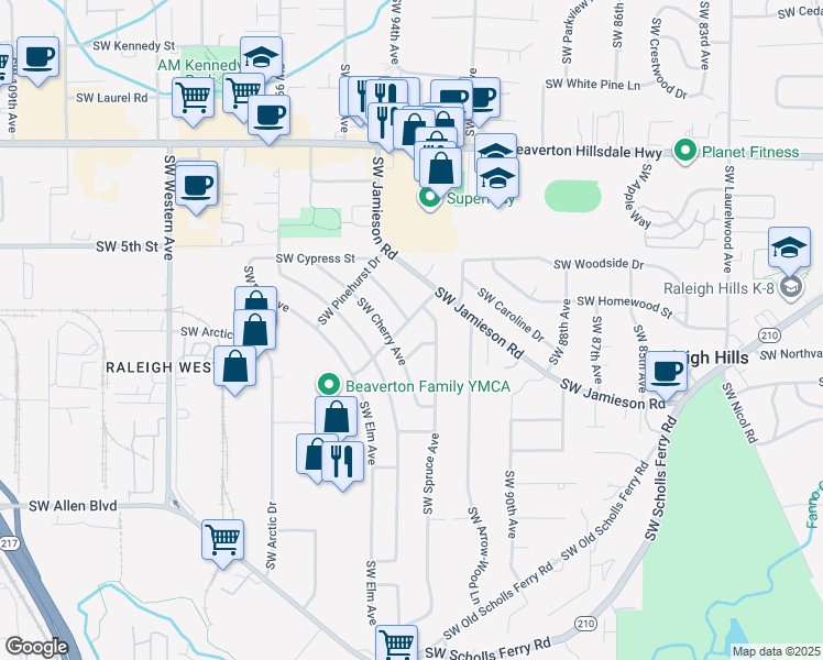 map of restaurants, bars, coffee shops, grocery stores, and more near 9350 Southwest Royal Woodlands Drive in Beaverton