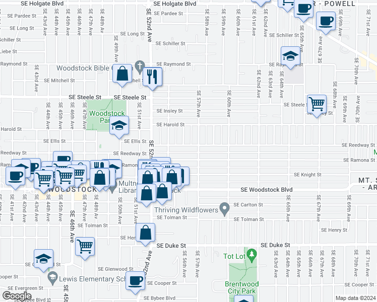 map of restaurants, bars, coffee shops, grocery stores, and more near 5614 Southeast Reedway Street in Portland