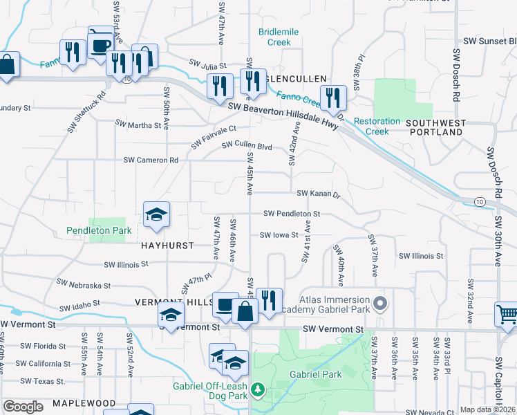 map of restaurants, bars, coffee shops, grocery stores, and more near 4417 Southwest Pendleton Street in Portland