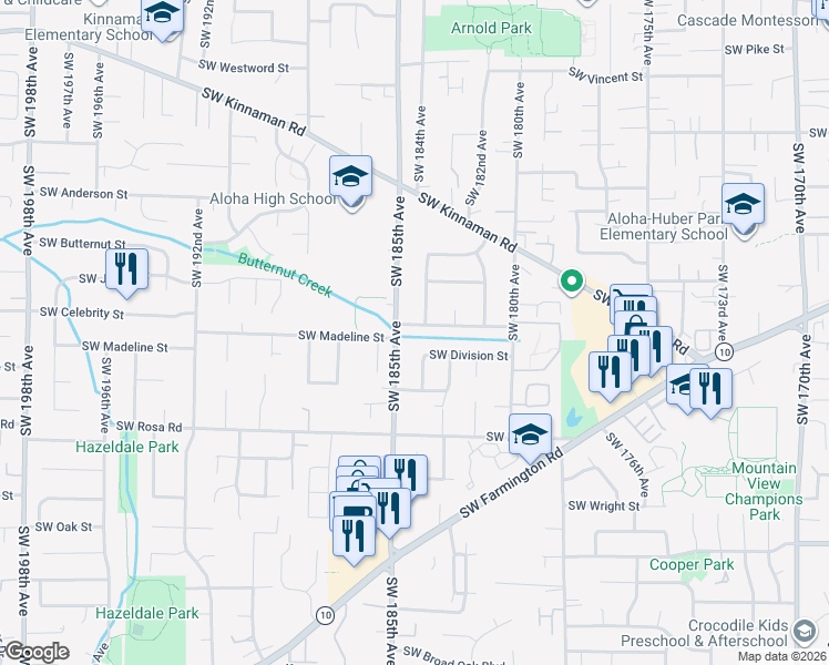 map of restaurants, bars, coffee shops, grocery stores, and more near 18450 Southwest Madeline Street in Aloha