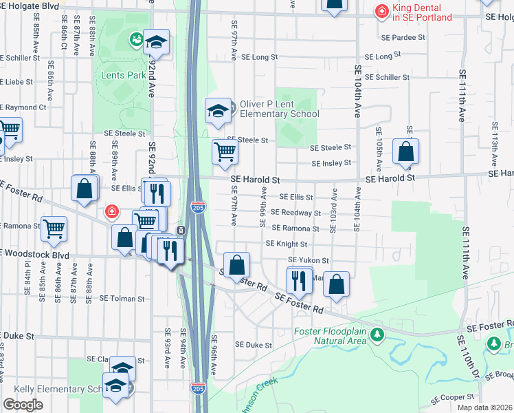 map of restaurants, bars, coffee shops, grocery stores, and more near 9819 Southeast Reedway Street in Portland