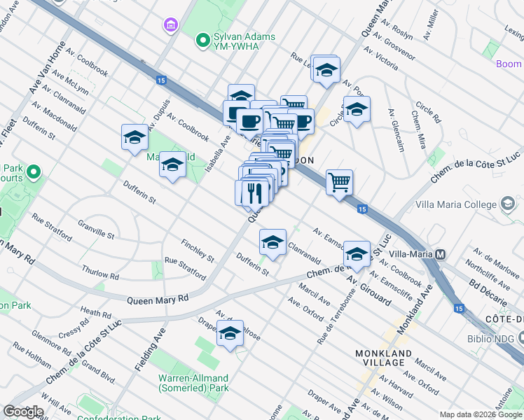 map of restaurants, bars, coffee shops, grocery stores, and more near 5482 Chemin Queen Mary in Montréal