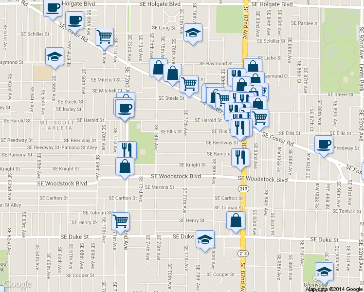 map of restaurants, bars, coffee shops, grocery stores, and more near 7628 SE Reedway St in Portland