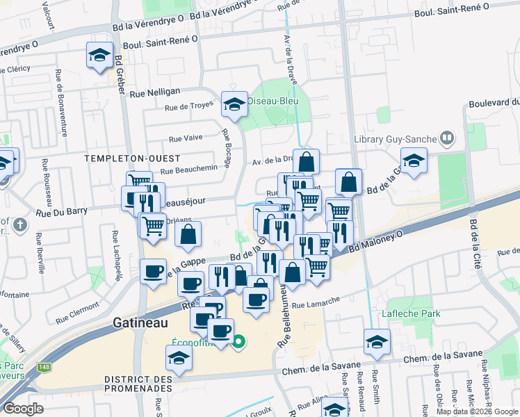 map of restaurants, bars, coffee shops, grocery stores, and more near 249 Rue Bellehumeur in Gatineau