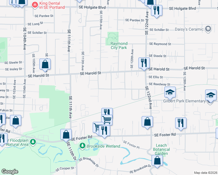 map of restaurants, bars, coffee shops, grocery stores, and more near 5639 Southeast 117th Avenue in Portland