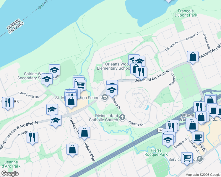 map of restaurants, bars, coffee shops, grocery stores, and more near 6700 Jeanne d'Arc Boulevard North in Ottawa