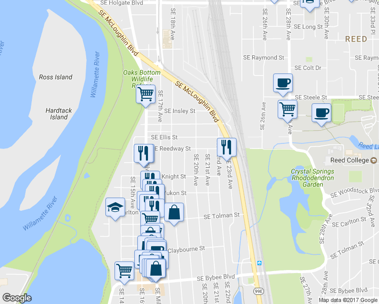 map of restaurants, bars, coffee shops, grocery stores, and more near 1912 Southeast Reedway Street in Portland