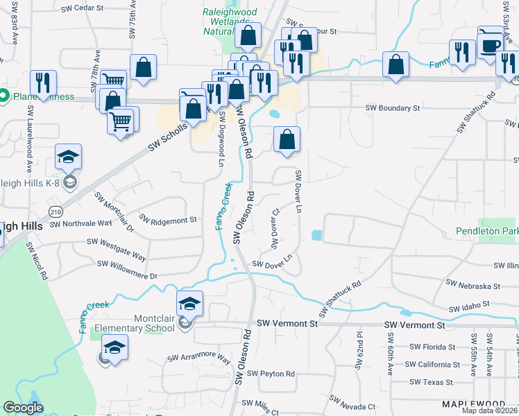 map of restaurants, bars, coffee shops, grocery stores, and more near 6770 Southwest Amber Lane in Portland