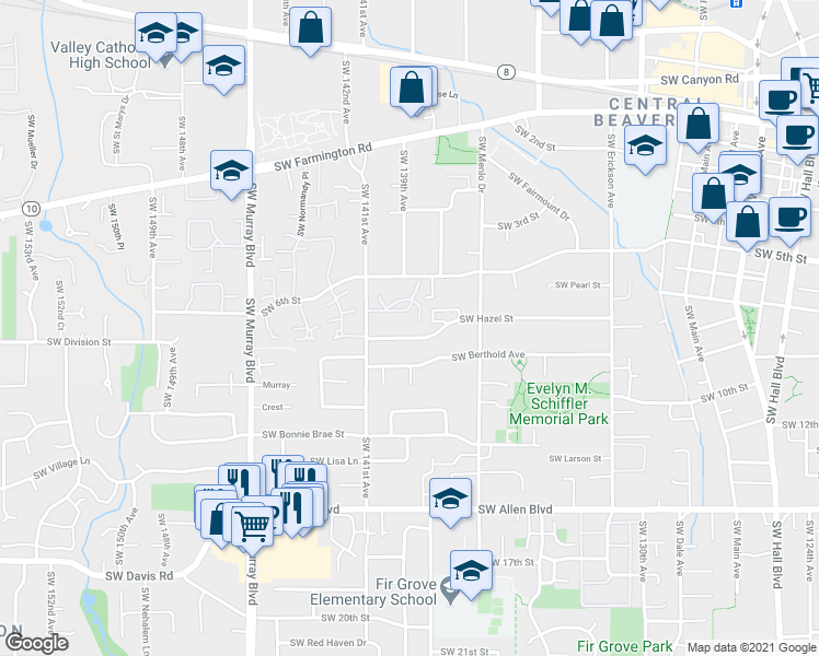 map of restaurants, bars, coffee shops, grocery stores, and more near 13875 Southwest Hazel Street in Beaverton