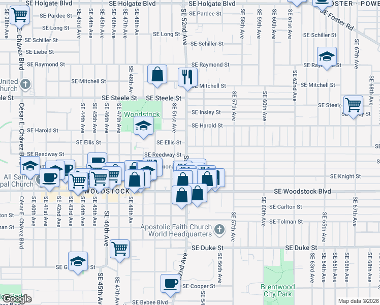 map of restaurants, bars, coffee shops, grocery stores, and more near 5718 Southeast 52nd Avenue in Portland