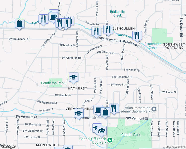 map of restaurants, bars, coffee shops, grocery stores, and more near 4707 Southwest Pendleton Street in Portland