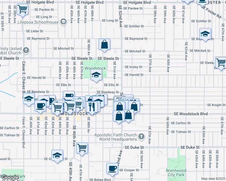map of restaurants, bars, coffee shops, grocery stores, and more near 5075 Southeast Reedway Street in Portland