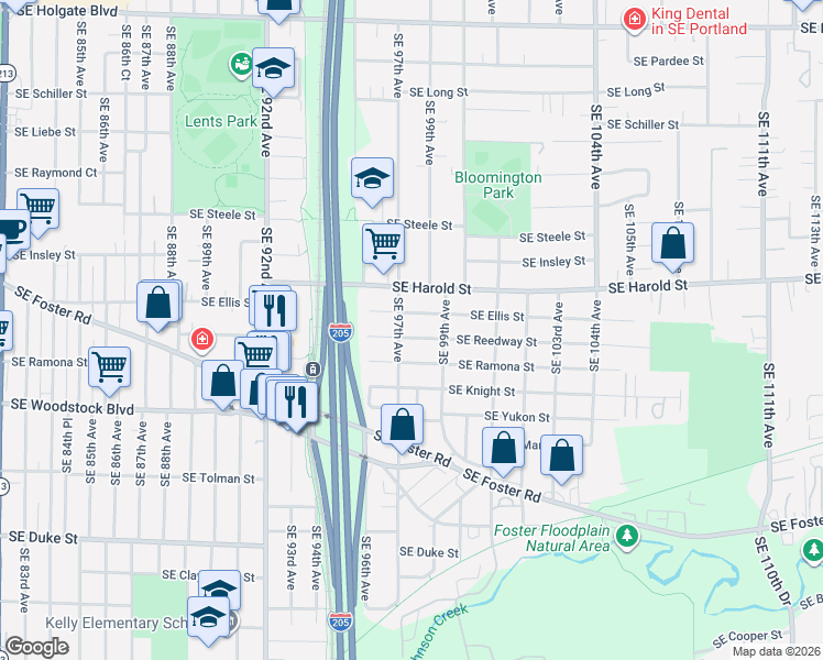 map of restaurants, bars, coffee shops, grocery stores, and more near Southeast Reedway Street in Portland