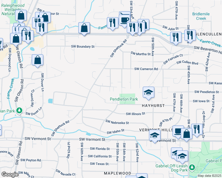 map of restaurants, bars, coffee shops, grocery stores, and more near 5542 Southwest Pendleton Street in Portland