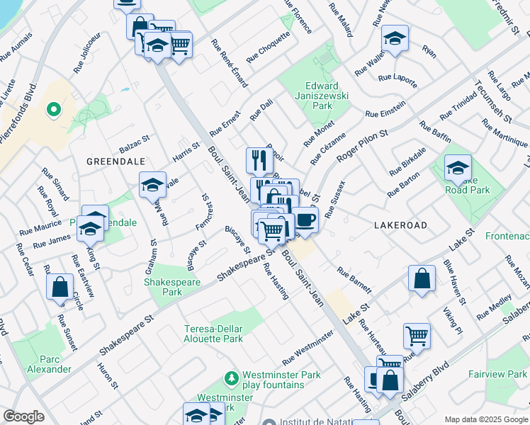 map of restaurants, bars, coffee shops, grocery stores, and more near in Dollard-Des Ormeaux