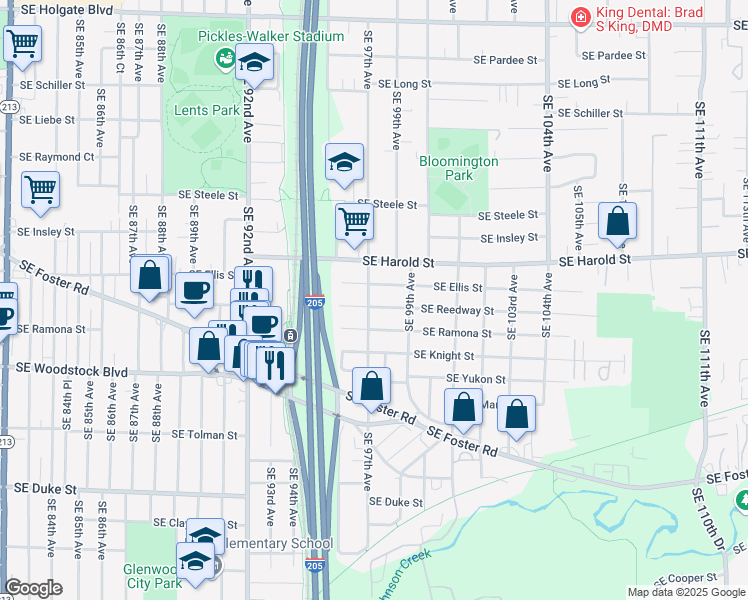 map of restaurants, bars, coffee shops, grocery stores, and more near 9707 Southeast Reedway Street in Portland