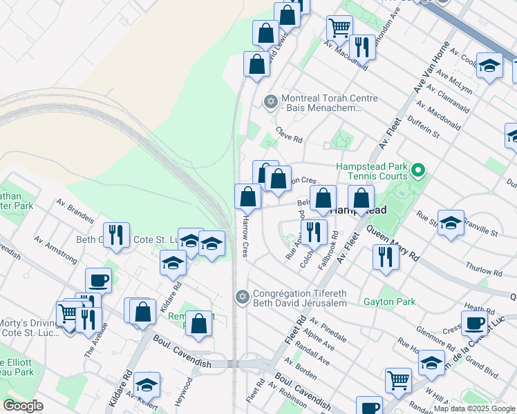 map of restaurants, bars, coffee shops, grocery stores, and more near 223 Harrow Crescent in Hampstead
