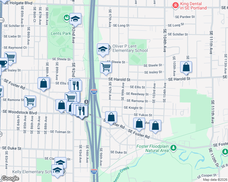 map of restaurants, bars, coffee shops, grocery stores, and more near 9707 Southeast Reedway Street in Portland