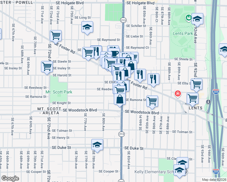 map of restaurants, bars, coffee shops, grocery stores, and more near 8104 Southeast Reedway Street in Portland