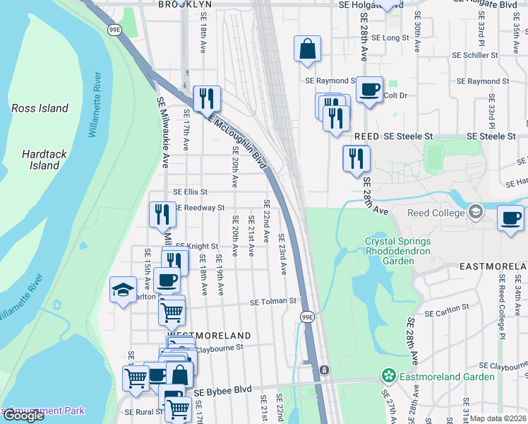 map of restaurants, bars, coffee shops, grocery stores, and more near in Portland