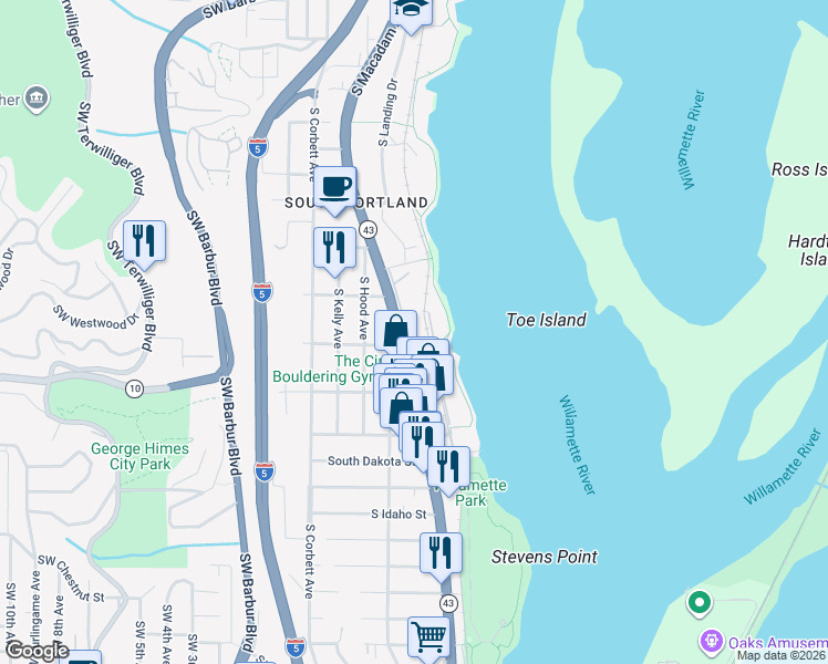 map of restaurants, bars, coffee shops, grocery stores, and more near 5858 South Riveridge Lane in Portland