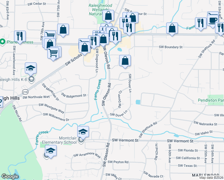 map of restaurants, bars, coffee shops, grocery stores, and more near 6760 Southwest Amber Lane in Portland
