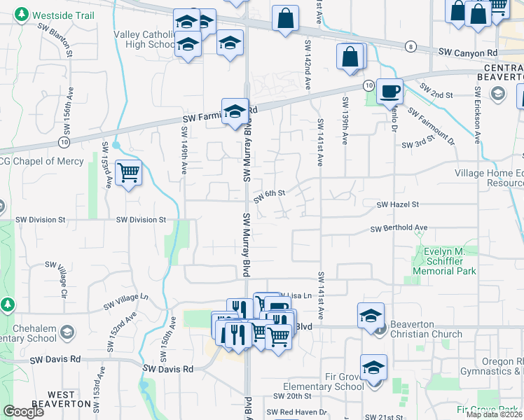 map of restaurants, bars, coffee shops, grocery stores, and more near 5325 Southwest Colony Court in Beaverton