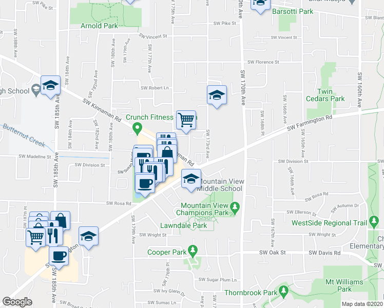 map of restaurants, bars, coffee shops, grocery stores, and more near 5280 Southwest 174th Terrace in Beaverton
