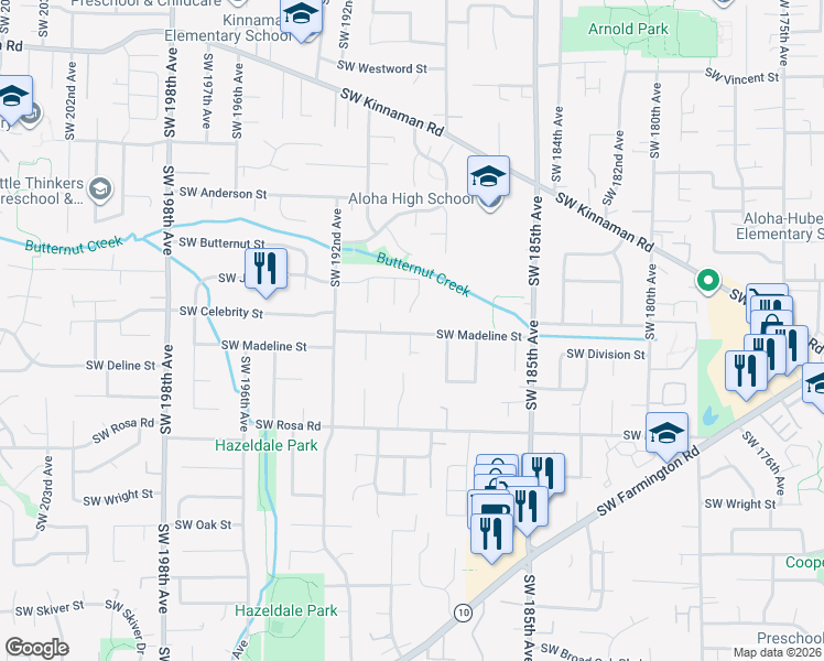 map of restaurants, bars, coffee shops, grocery stores, and more near 18965 Southwest Madeline Street in Beaverton