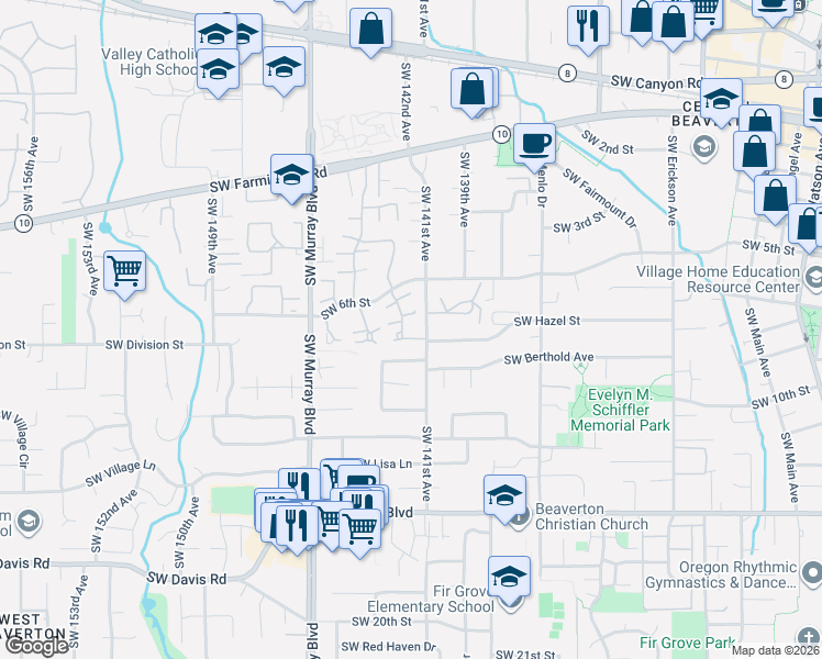 map of restaurants, bars, coffee shops, grocery stores, and more near 5350 Southwest Barclay Court in Beaverton