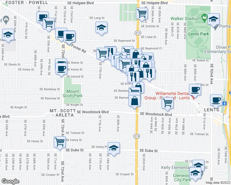map of restaurants, bars, coffee shops, grocery stores, and more near 7934 Southeast Reedway Street in Portland