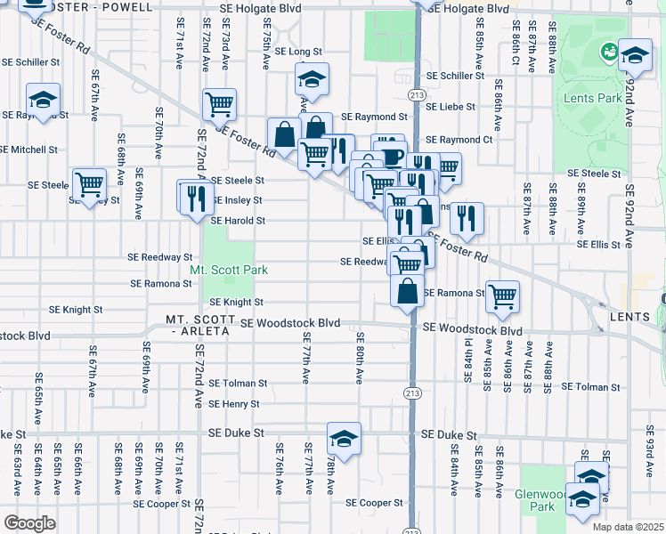 map of restaurants, bars, coffee shops, grocery stores, and more near 7812 Southeast Reedway Street in Portland