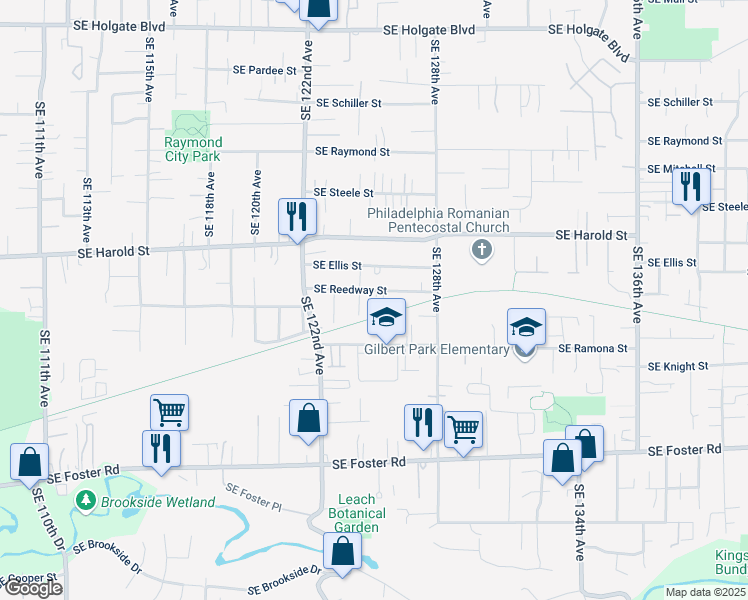 map of restaurants, bars, coffee shops, grocery stores, and more near 12424 Southeast Reedway Street in Portland