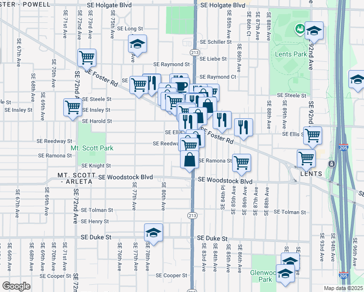 map of restaurants, bars, coffee shops, grocery stores, and more near 8104 Southeast Reedway Street in Portland
