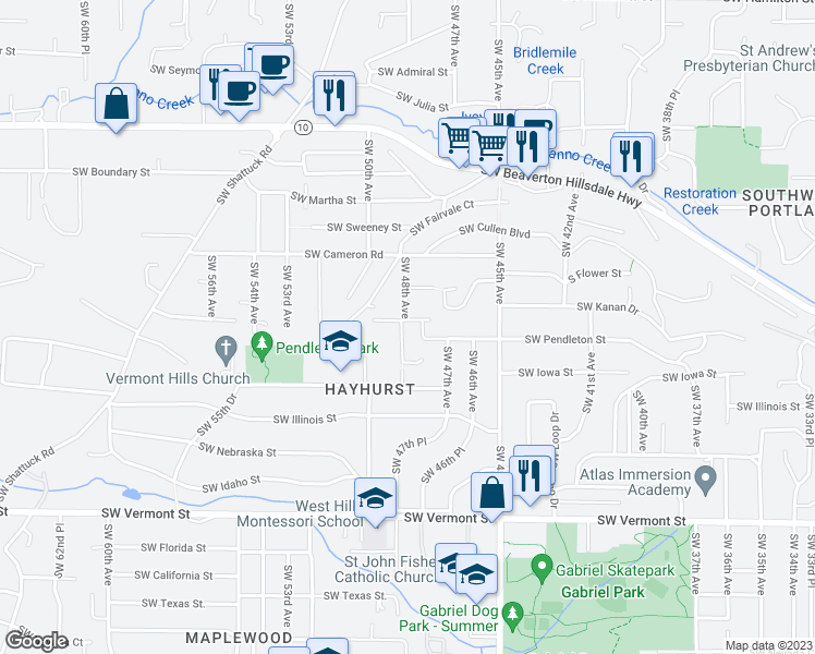 map of restaurants, bars, coffee shops, grocery stores, and more near 4780 Southwest Pendleton Street in Portland