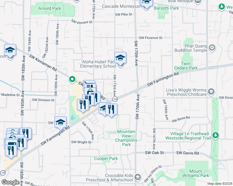 map of restaurants, bars, coffee shops, grocery stores, and more near 5290 Southwest 173rd Avenue in Beaverton