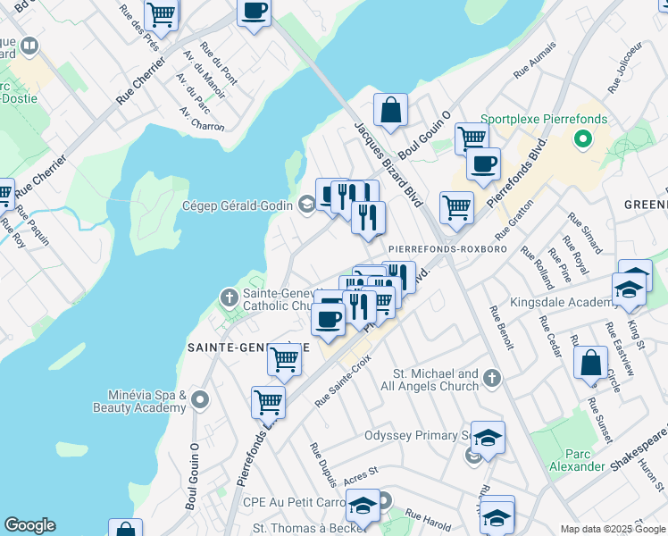 map of restaurants, bars, coffee shops, grocery stores, and more near 15739 Rue de la Caserne in Montréal