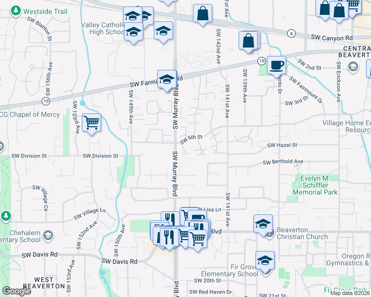 map of restaurants, bars, coffee shops, grocery stores, and more near 5325 Southwest Colony Court in Beaverton