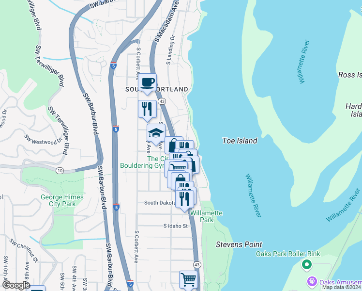 map of restaurants, bars, coffee shops, grocery stores, and more near 5858 Southwest Riveridge Lane in Portland