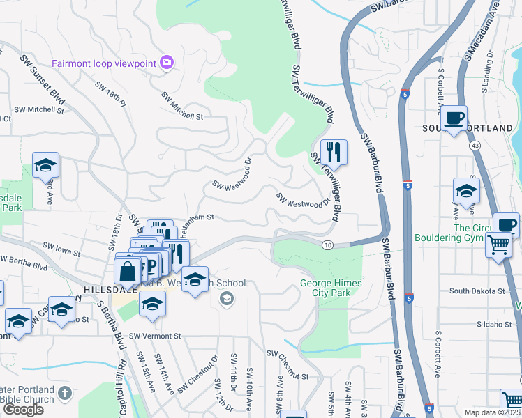 map of restaurants, bars, coffee shops, grocery stores, and more near 755 Southwest Cheltenham Street in Portland