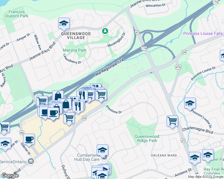 map of restaurants, bars, coffee shops, grocery stores, and more near 320 Centrum Boulevard in Ottawa