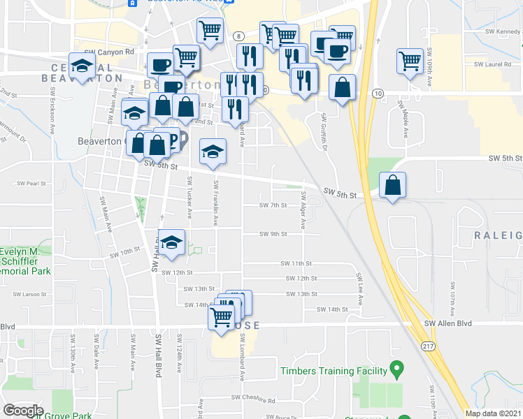 map of restaurants, bars, coffee shops, grocery stores, and more near 11850 Southwest 7th Street in Beaverton