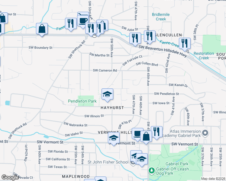 map of restaurants, bars, coffee shops, grocery stores, and more near 4848 SW Pendleton St in Portland