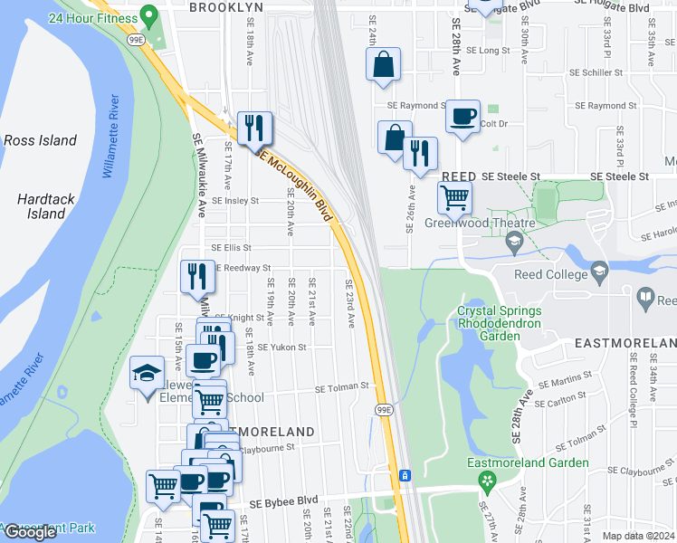 map of restaurants, bars, coffee shops, grocery stores, and more near 5704 Southeast 22nd Avenue in Portland