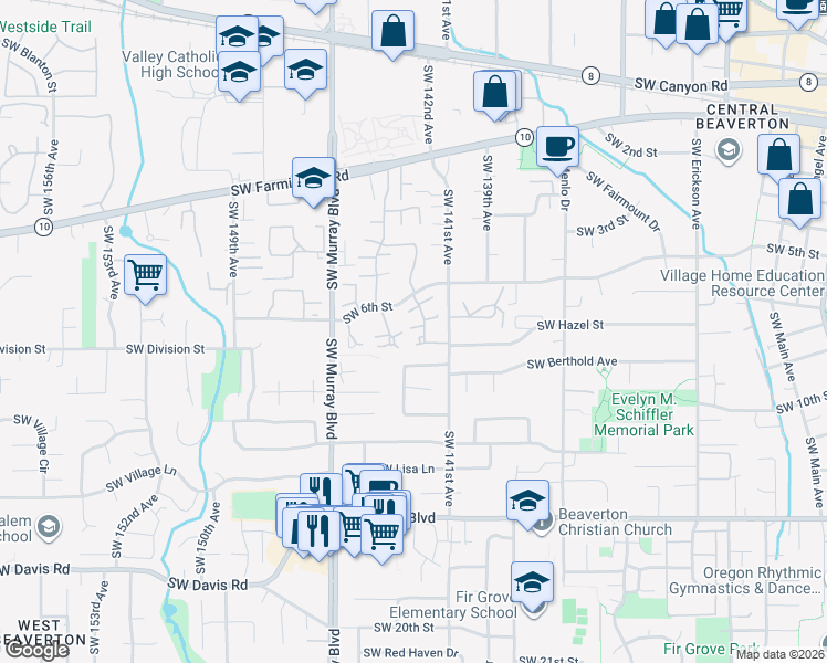 map of restaurants, bars, coffee shops, grocery stores, and more near 5289 Southwest Barclay Court in Beaverton