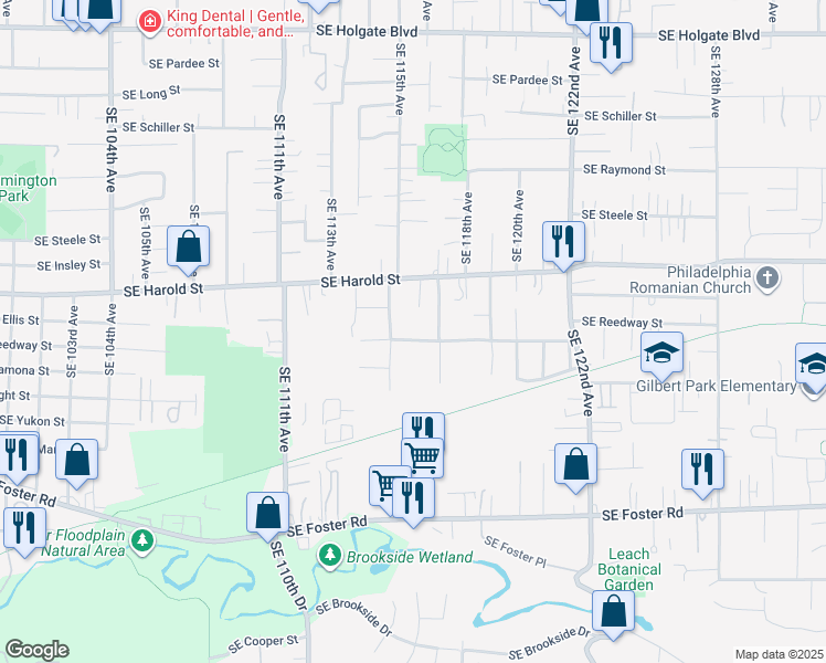 map of restaurants, bars, coffee shops, grocery stores, and more near 11535 Southeast Reedway Street in Portland